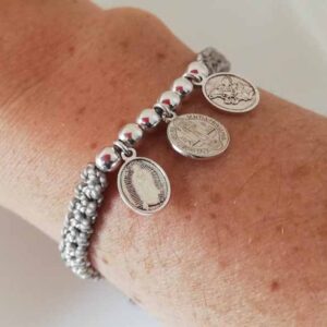 Pulsera Religiosa tejida Plata.  3 medallas (Cualquier imagen)